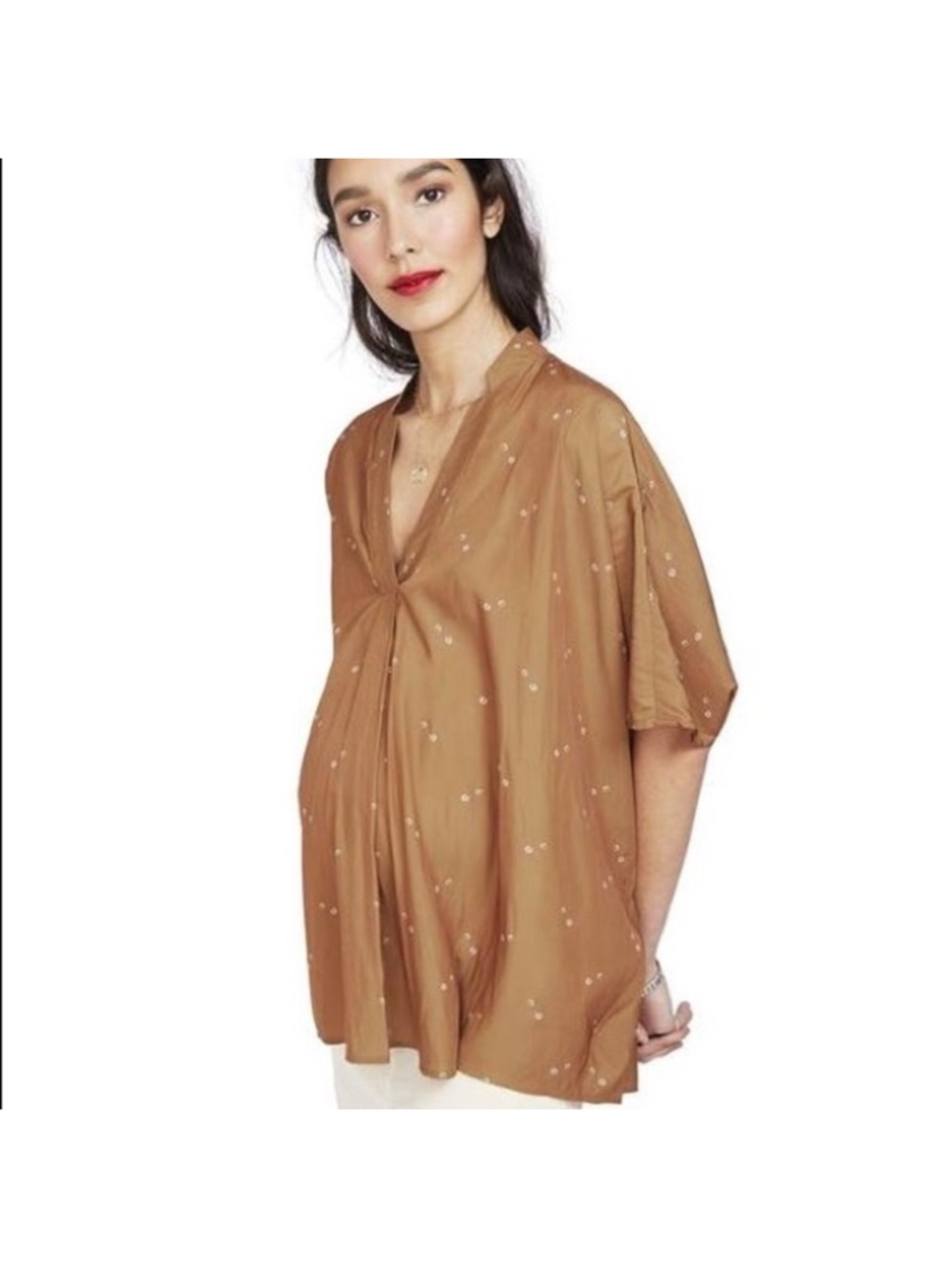 HATCH Maternity The Notched Blouse Orange Popover Brass Woodland Floral One Size